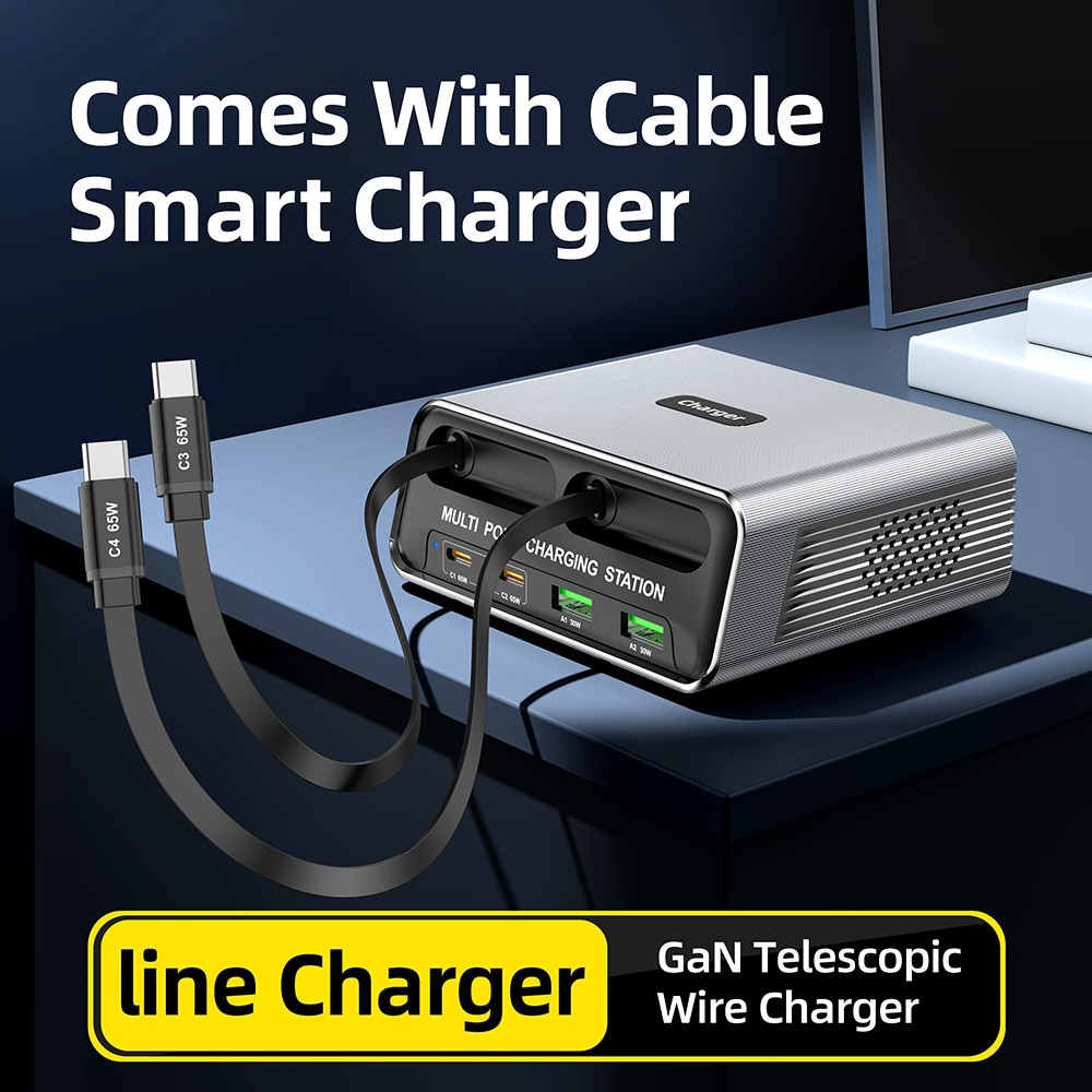 OEM WLX-60C USB-C Cable Station Charger, 130W, 2 x USB-A - 2 x USB-C, Gray