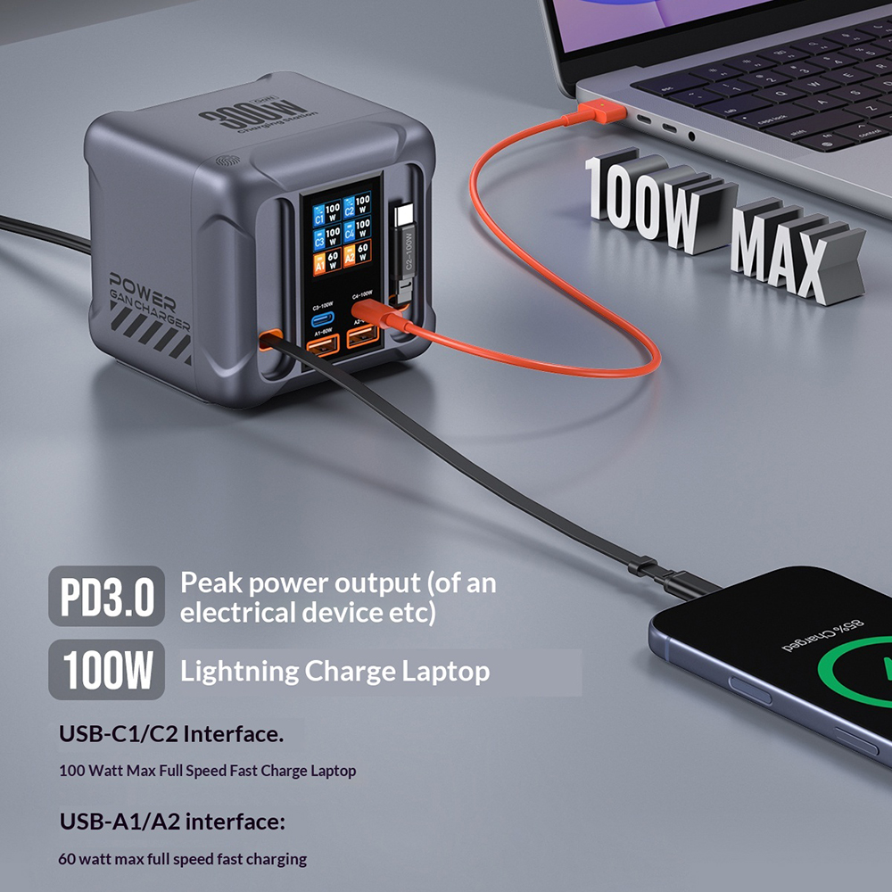 Charging Station with USB-C Cable OEM HW866, 300W, 5A, 2 x USB-A - 2 x USB-C, Gray