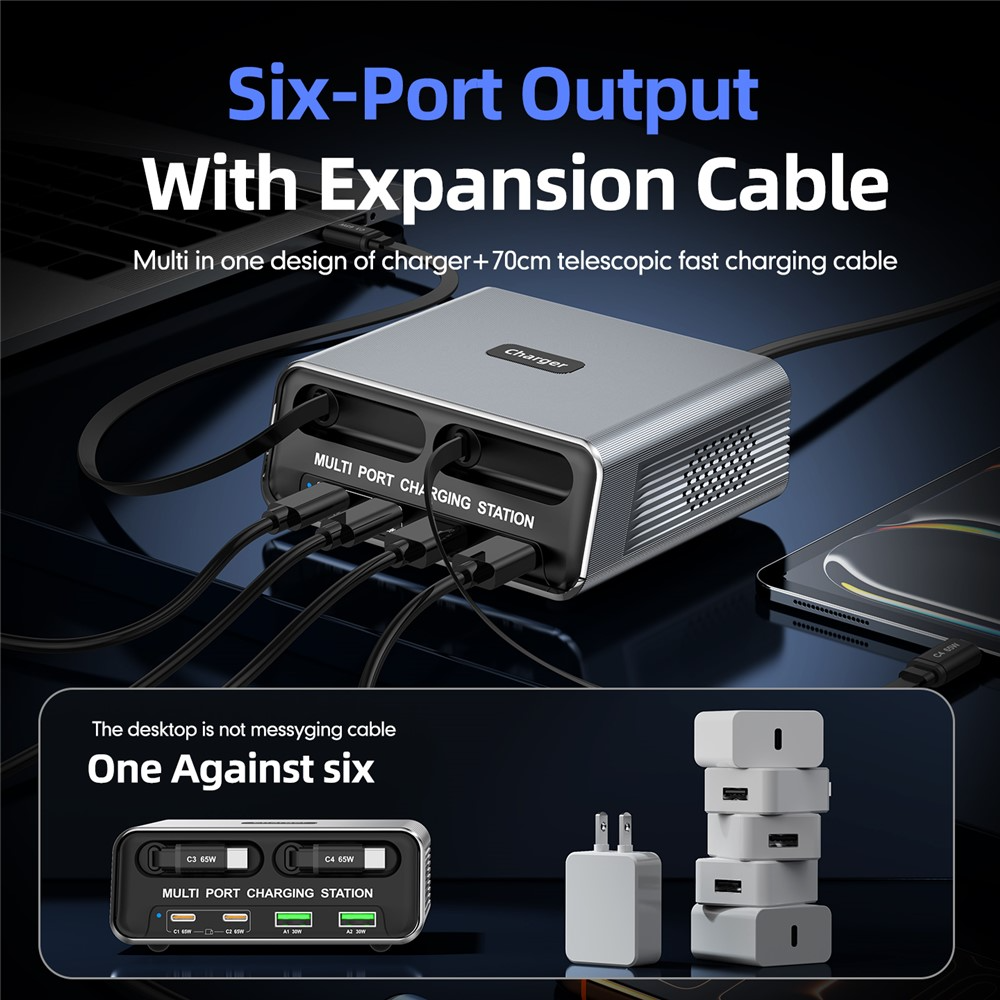 OEM WLX-60C USB-C Cable Station Charger, 130W, 2 x USB-A - 2 x USB-C, Gray