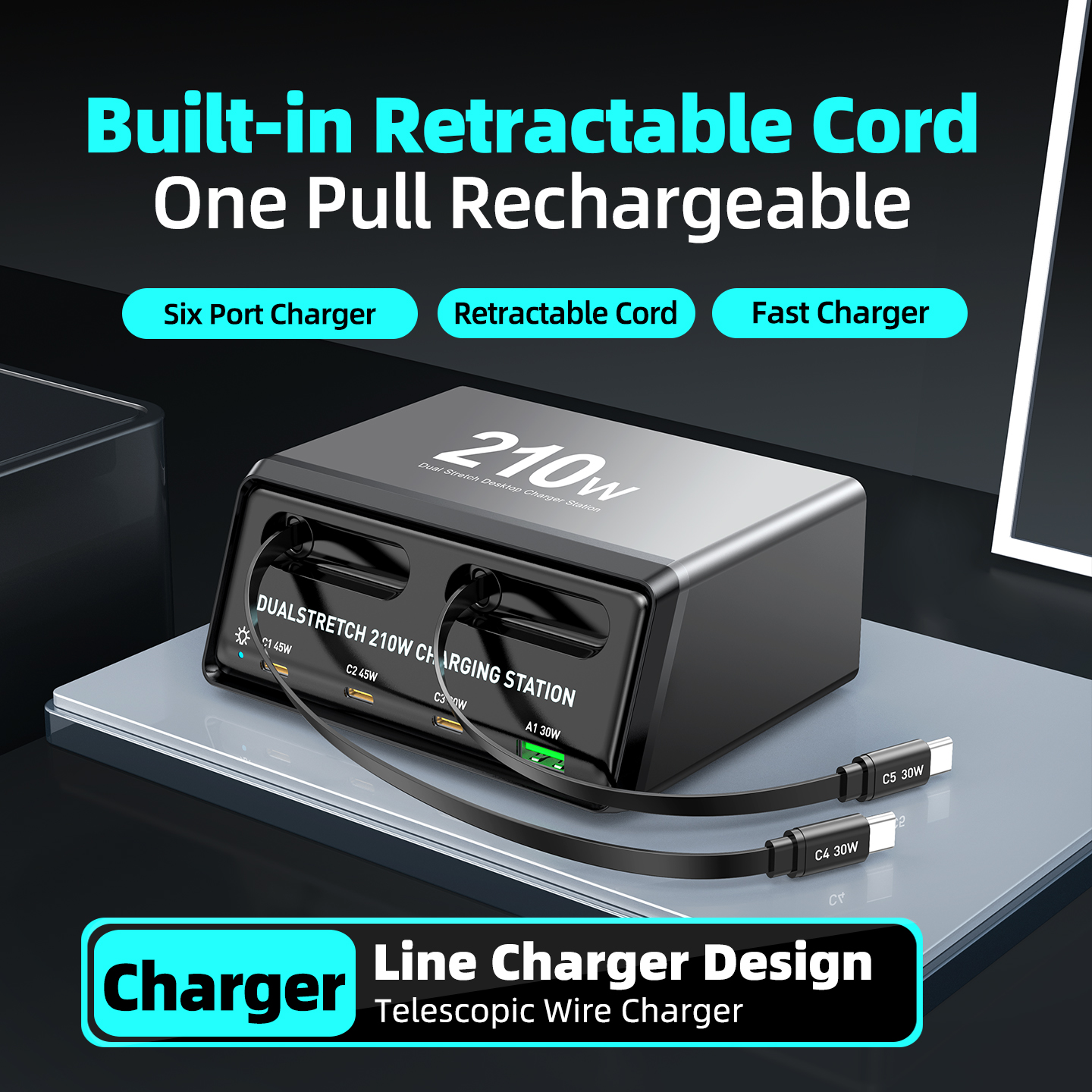 Charging Station with USB-C Cable OEM WLX-60E, 210W, 3A, 1 x USB-A - 3 x USB-C, Gray
