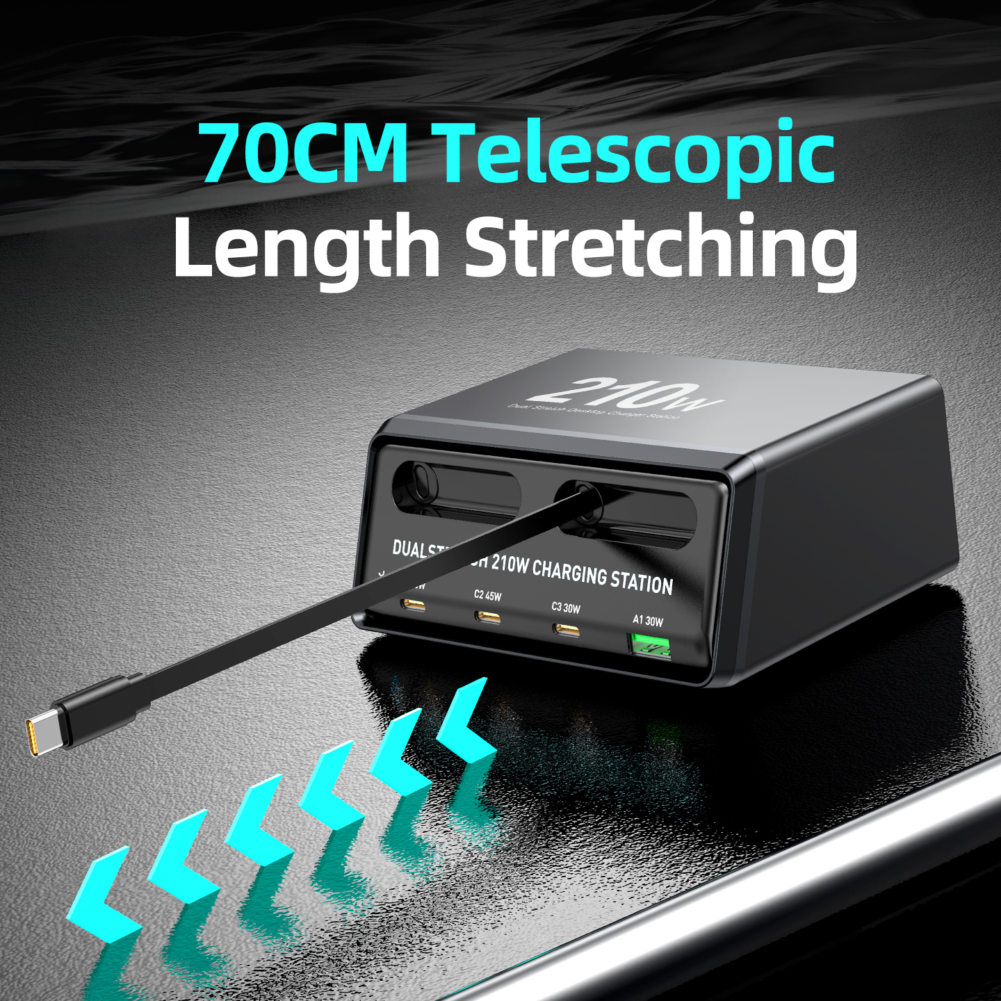 Charging Station with USB-C Cable OEM WLX-60E, 210W, 3A, 1 x USB-A - 3 x USB-C, Gray