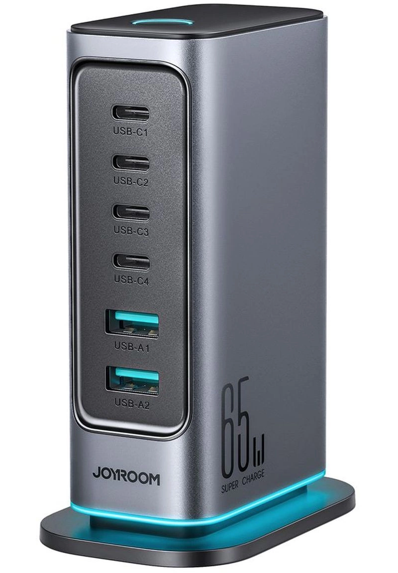 Joyroom JR-TCM02 UK Station Charger, 65W, 3.25A, 2 x USB-A - 4 x USB-C, Gray