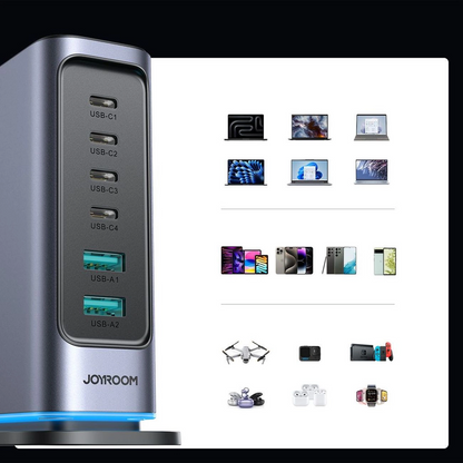 Joyroom JR-TCM02 UK Station Charger, 65W, 3.25A, 2 x USB-A - 4 x USB-C, Gray