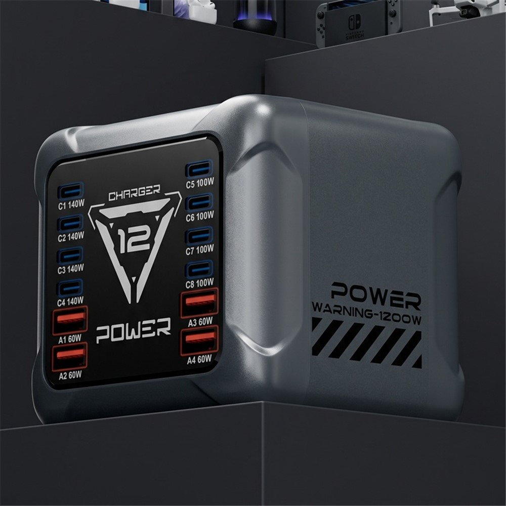 OEM BK-127D Station Charger, 280W, 5A, 4 x USB-A - 8 x USB-C, Gray