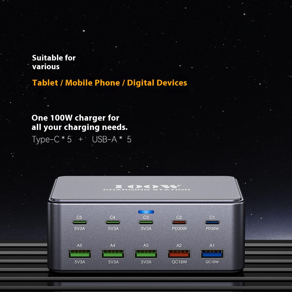 OEM HW33 Station Charger, 100W, 3A, 5 x USB-A - 5 x USB-C, Gray
