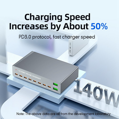 OEM Station Charger WLX-X6Y, 140W, 5A, 2 x USB-A - 8 x USB-C, Silver