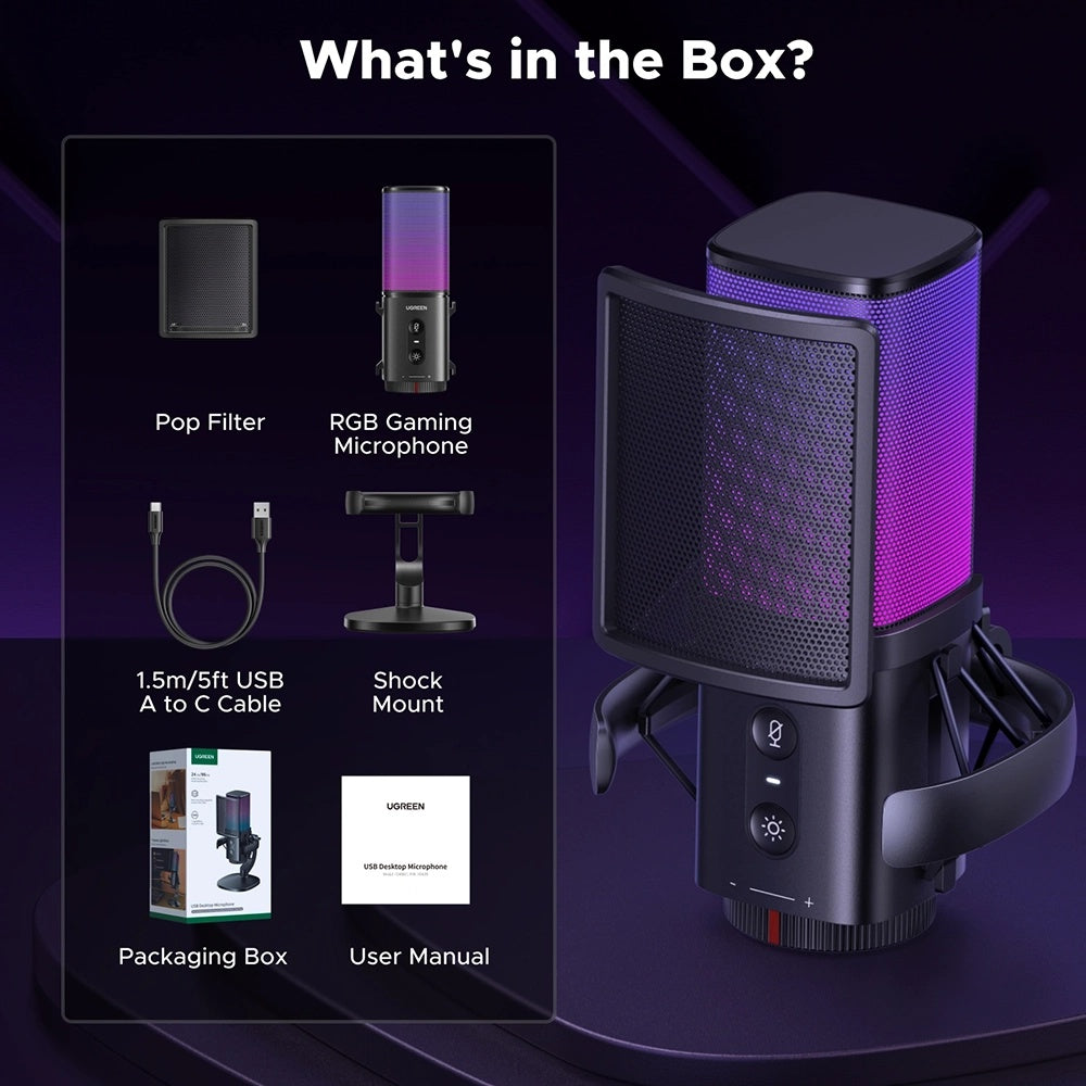 UGREEN CM581 Cardioid Microphone (65629), RGB, USB-C, 1.5m, Black