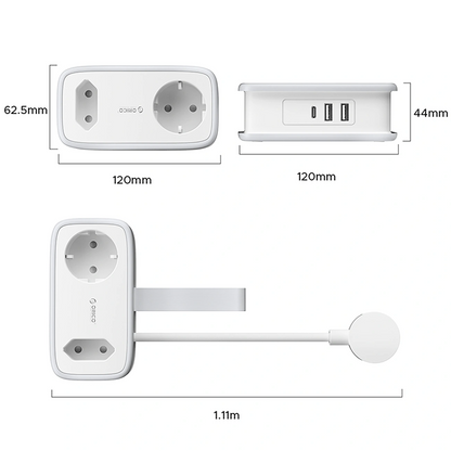 Orico APP Extension Cord, 1 x Schuko - 1 x Socket - 2 x USB-A - 1 x USB-C, White Gray