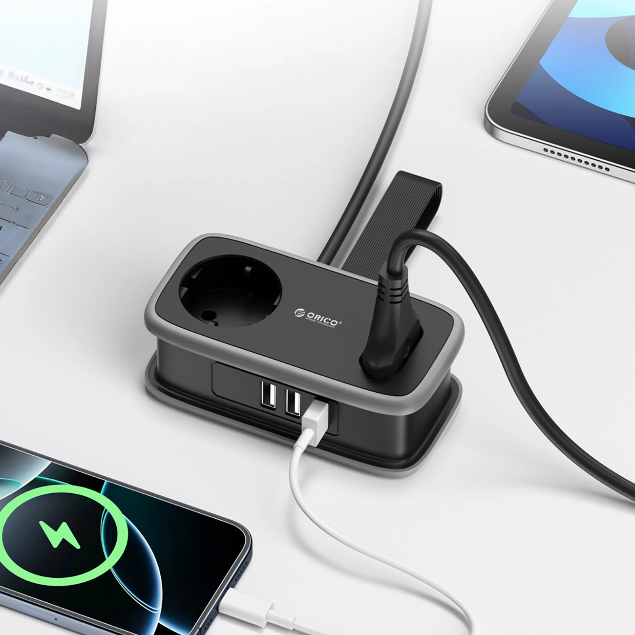 Orico APP Extension Cord, 1 x Schuko - 1 x Socket - 2 x USB-A - 1 x USB-C, Black Gray