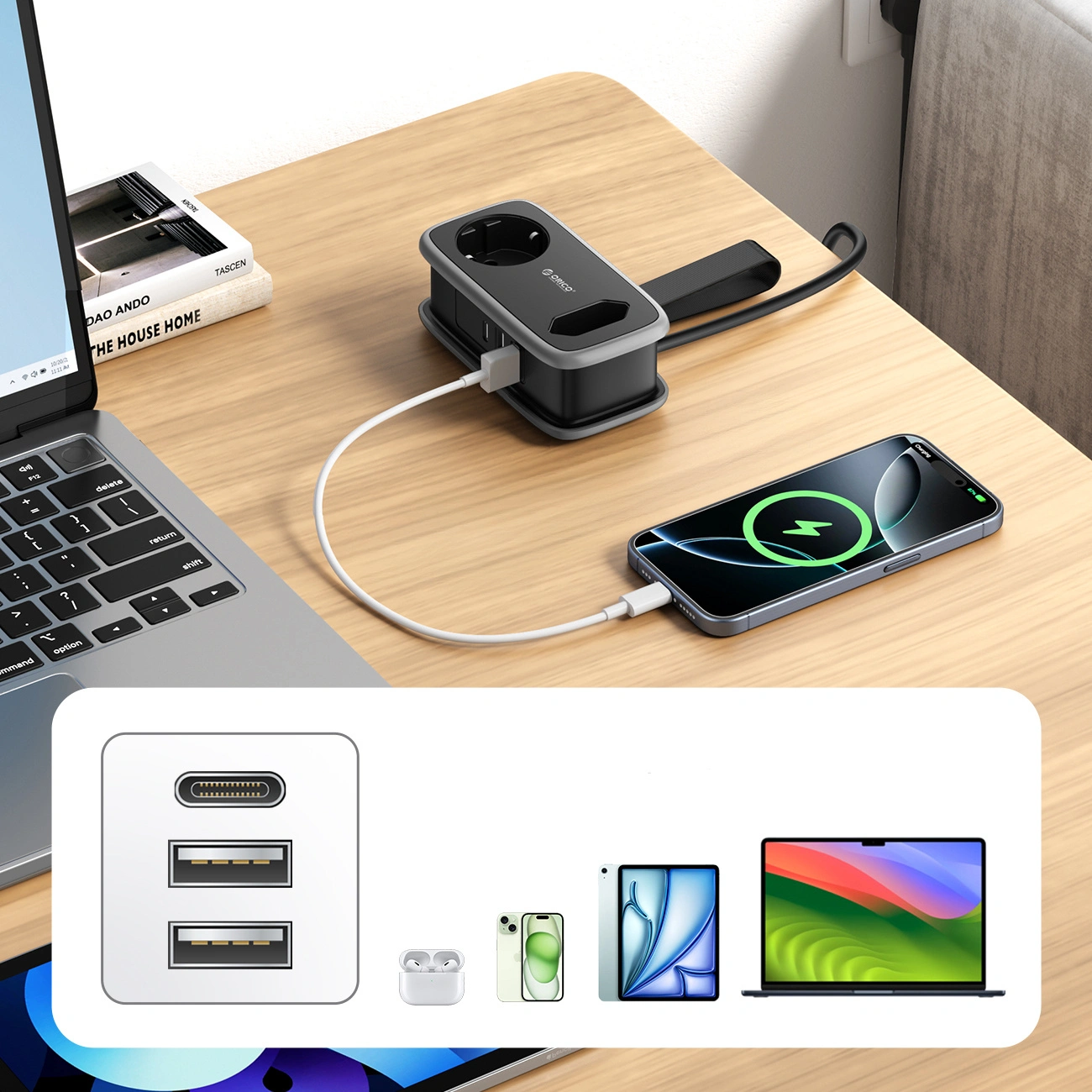 Orico APP Extension Cord, 1 x Schuko - 1 x Socket - 2 x USB-A - 1 x USB-C, Black Gray